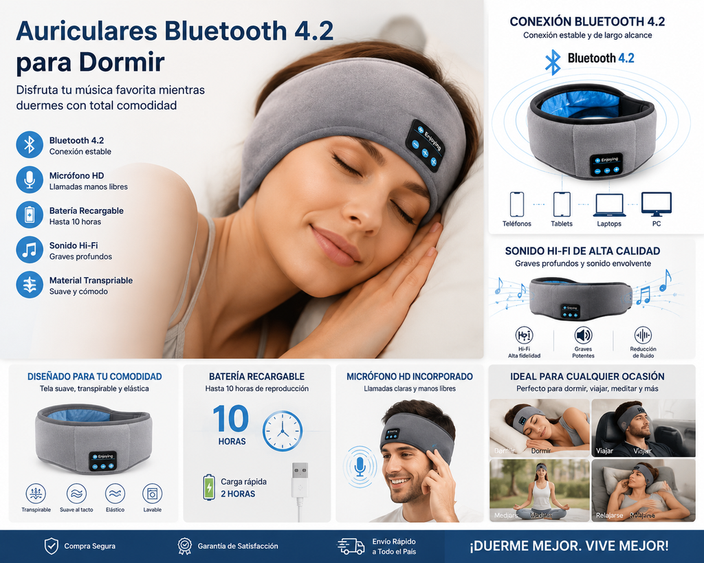 Máscara de Sueño con Audífonos Bluetooth — Relájate y Duerme Profundo